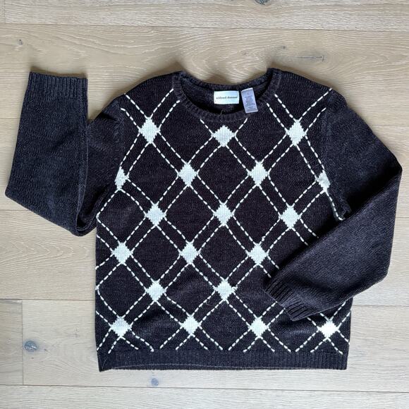 90s Black White Womens Argyle Sweater Large Alfred Dunner Preppy Whimseygoth - Picture 1 of 6